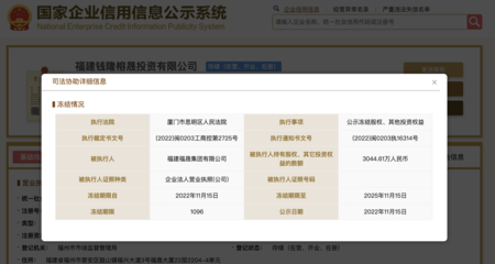 福建福晟集團(tuán)所持錢隆榕晟投資3044.61萬元股權(quán)遭凍結(jié)