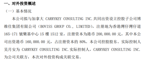 博維仕擬與加拿大共同出資港幣20萬設(shè)立控股子公司博維仕集團 其中公司出資港幣16萬